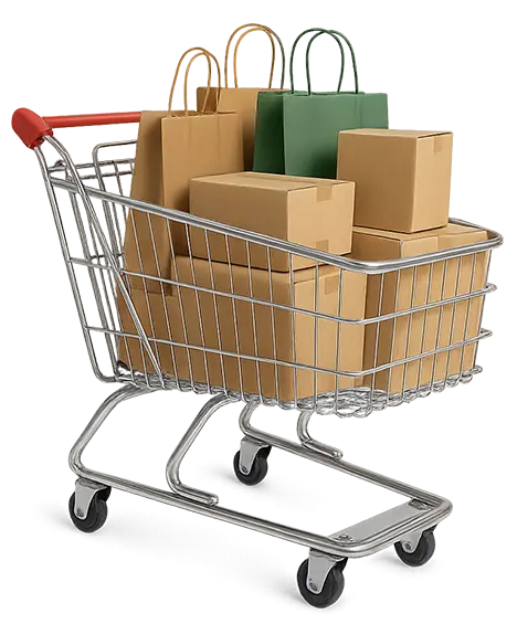 Carrinho de compras com caixas e sacos de papel