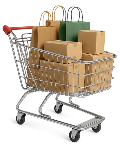 Carrinho de compras com caixas e sacos de papel